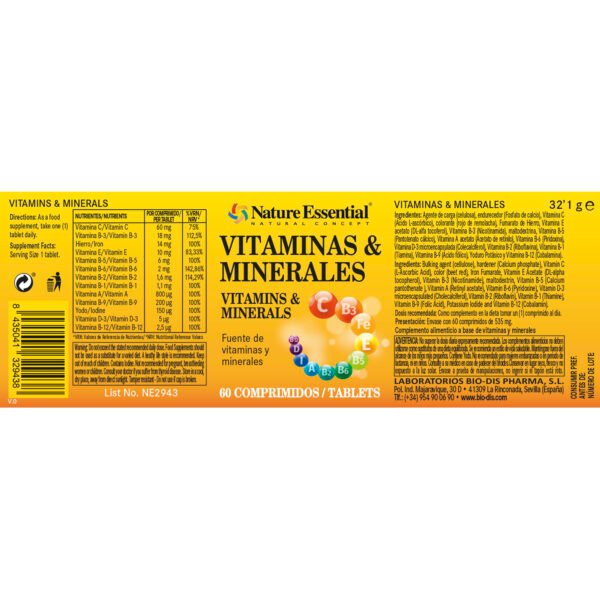 VITAMINAS Y MINERALES comprimidos. Envase con 60 comprimidos. Nature Essential ®. - Imagen 2